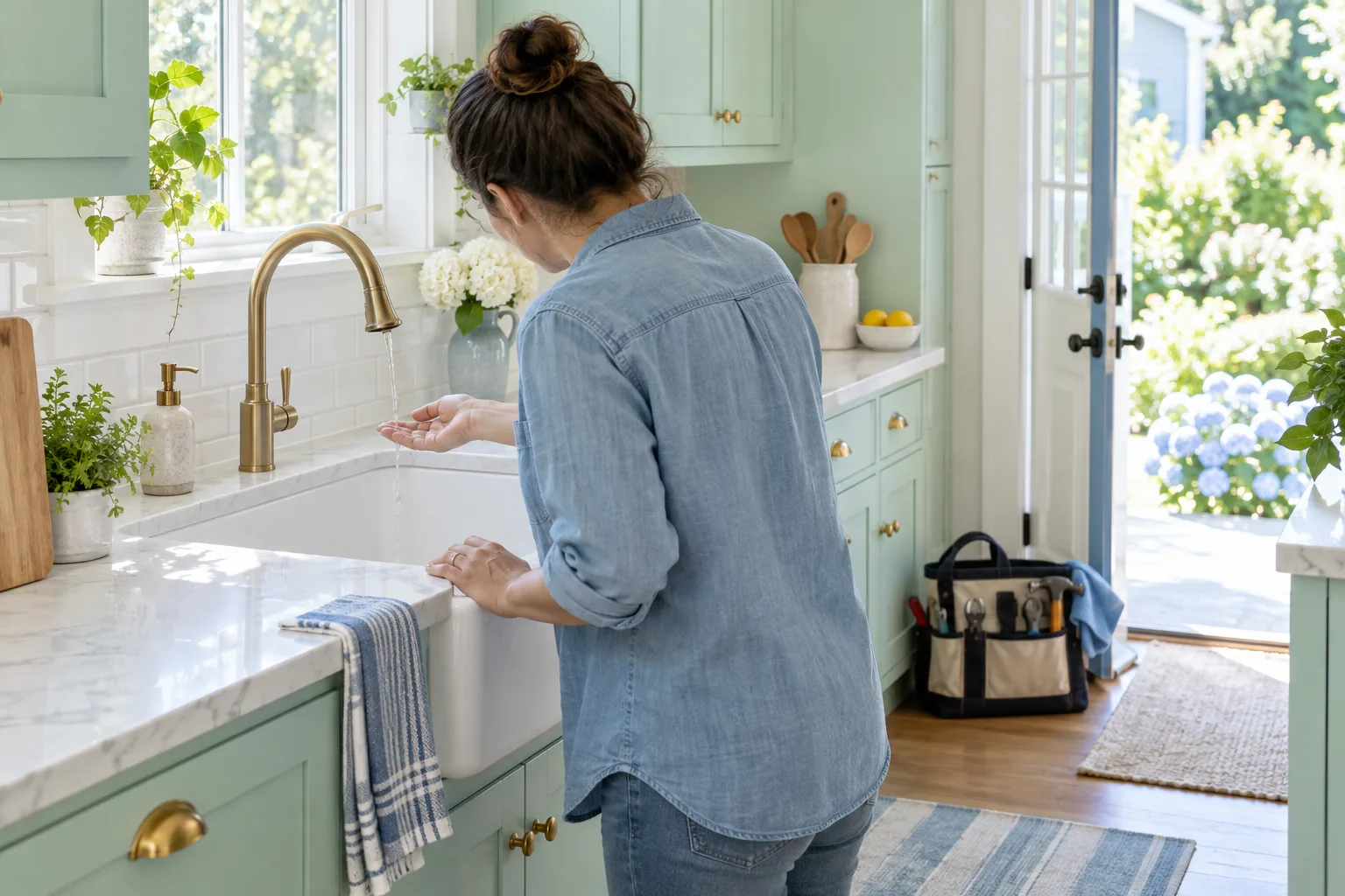 A homeowner checking a kitchen faucet before a service visit