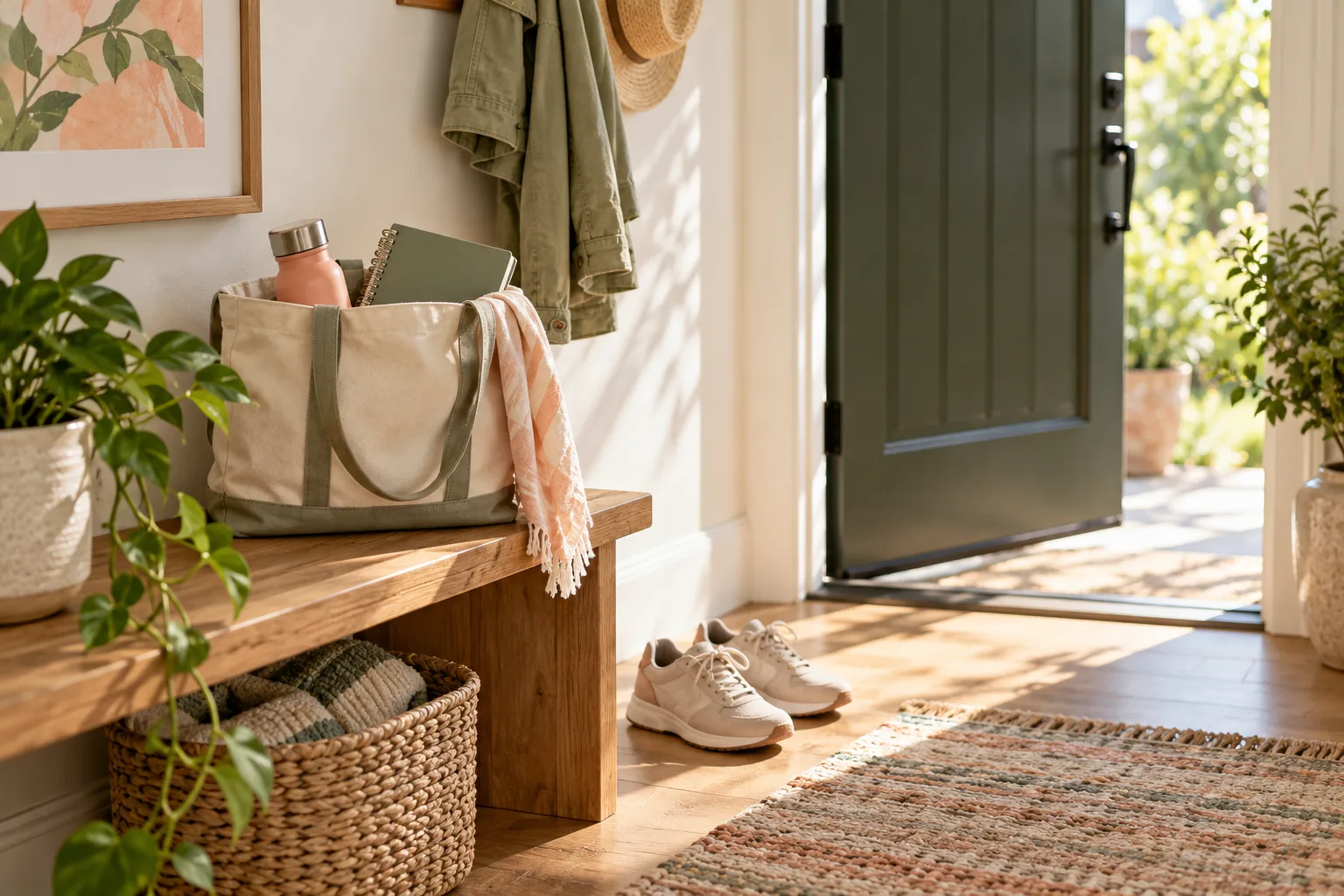 A canvas tote and walking shoes ready by a bright front door