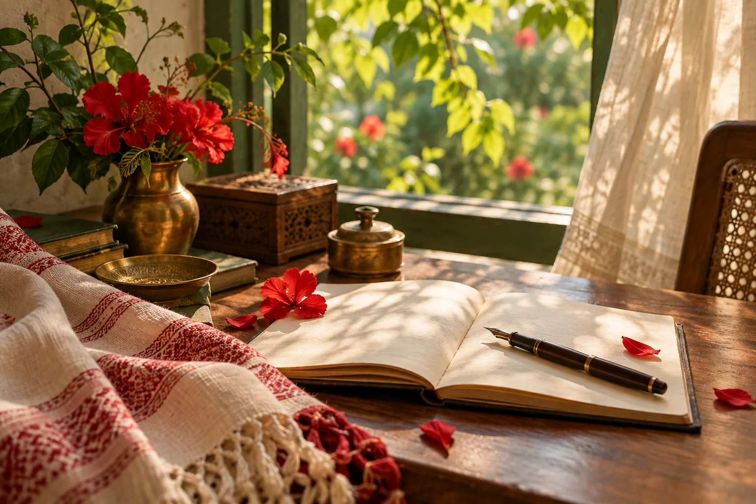An open poetry notebook, ink pen, red hibiscus flowers and Bengali textile in garden light