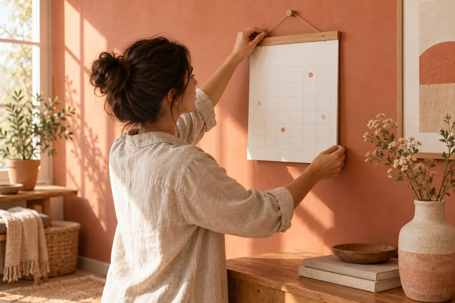 A person hanging a simple wall calendar in a warm coral room