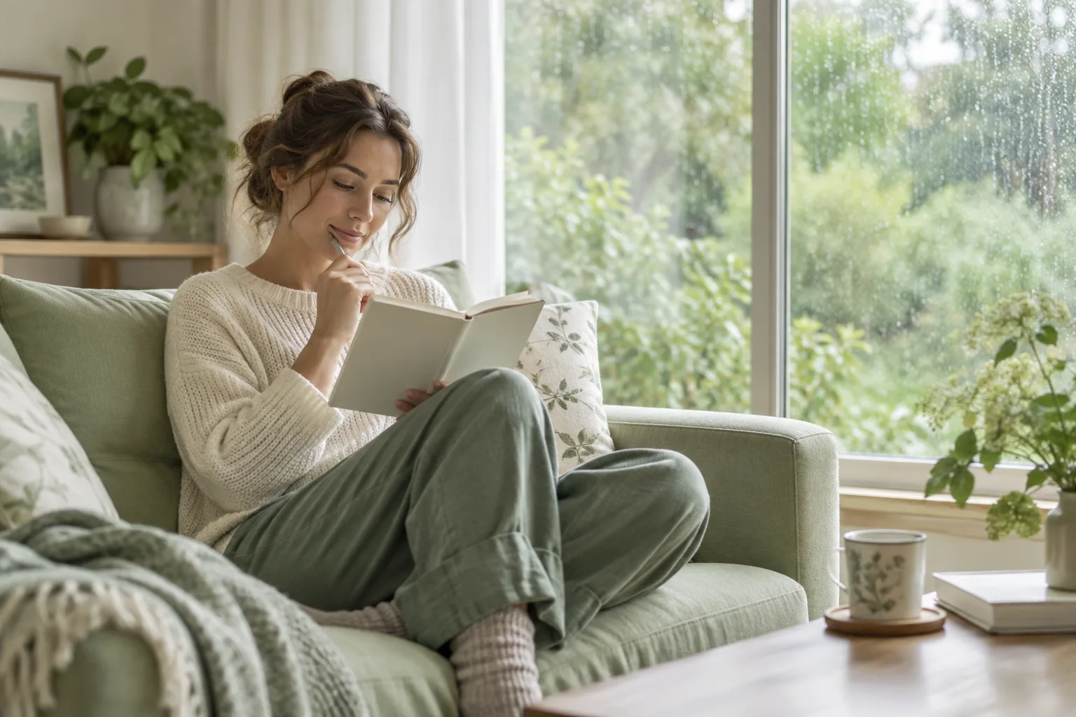 A person reading a small notebook on a pale green sofa by a window