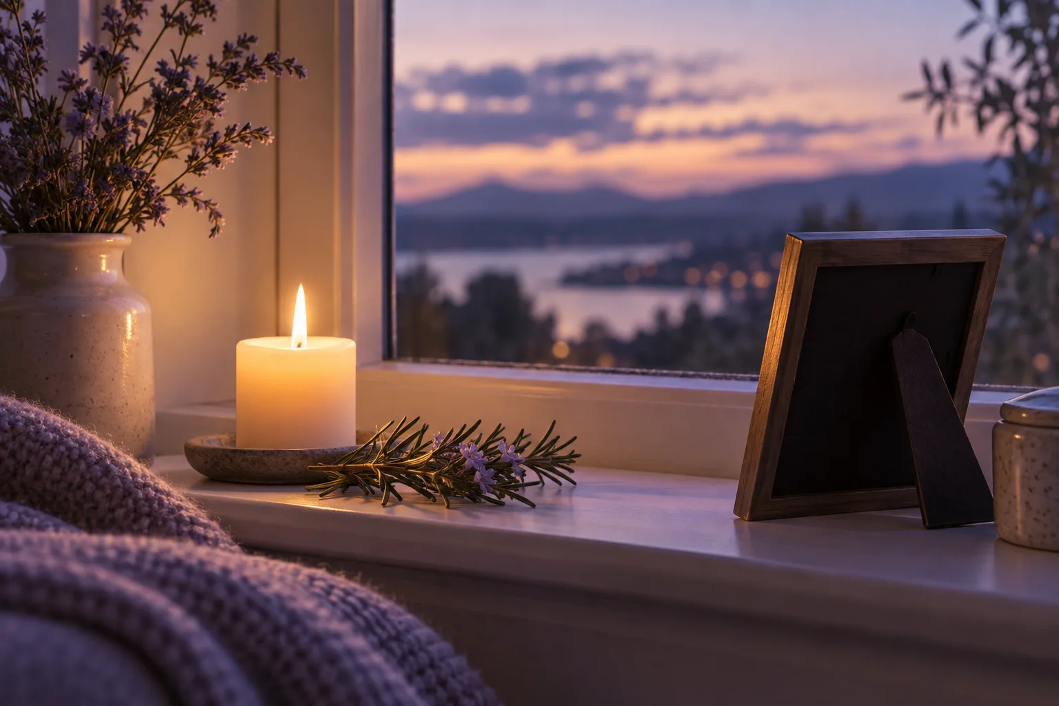 A candle and rosemary beside a turned-away photo frame on a windowsill