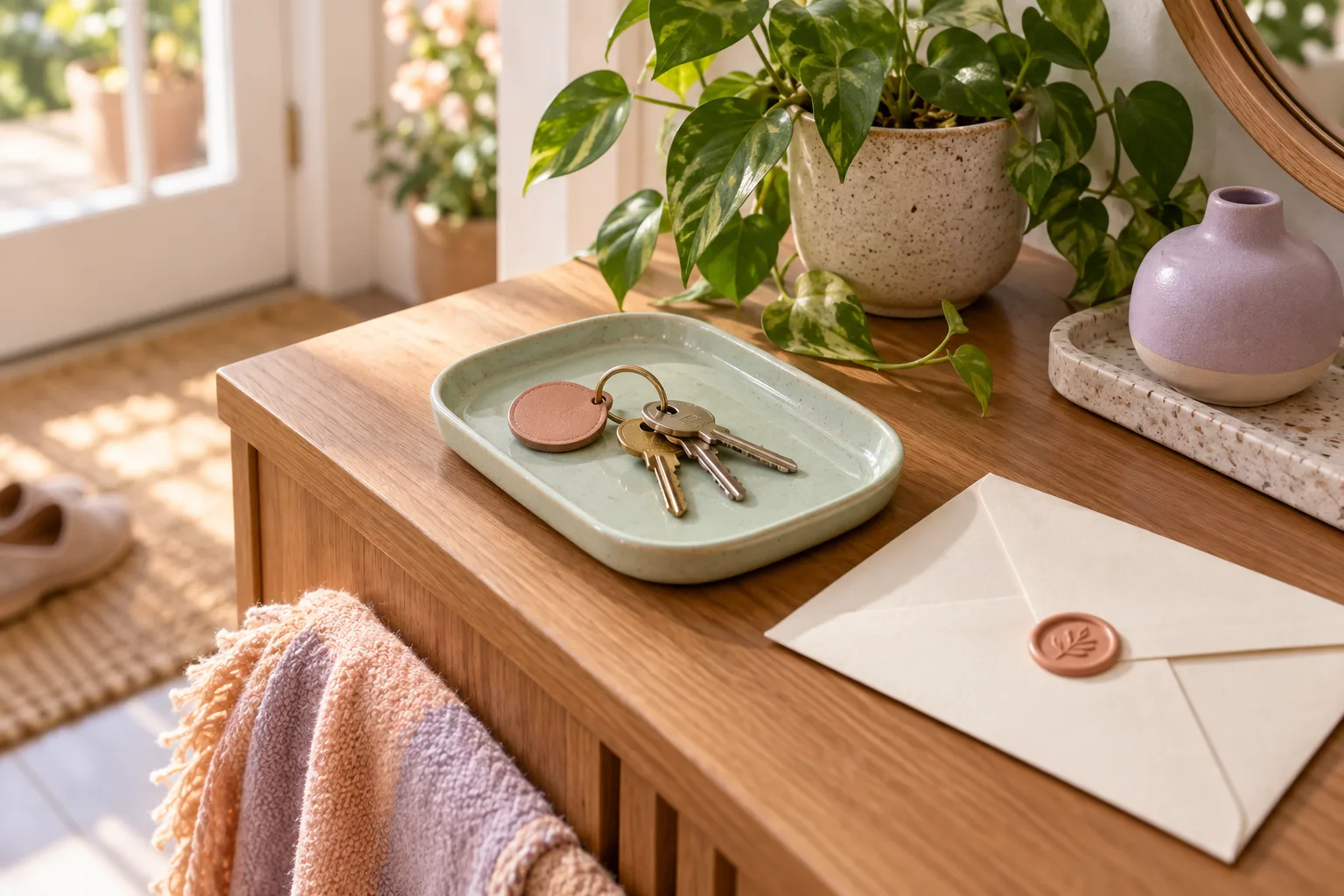 House keys and a sealed envelope arranged on a sunlit side table