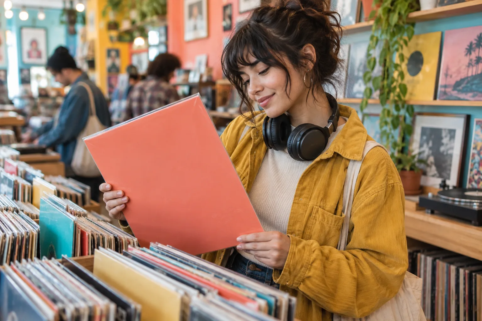 A person browsing records with headphones in a colorful shop