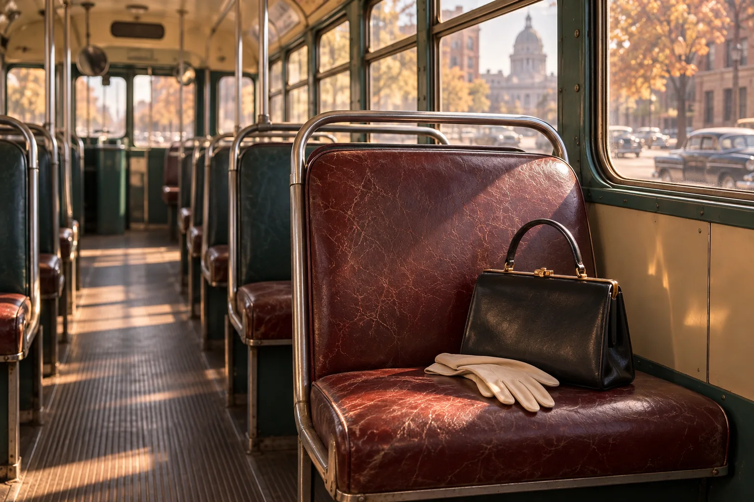 An empty 1950s bus seat holding a handbag and pale gloves in afternoon light