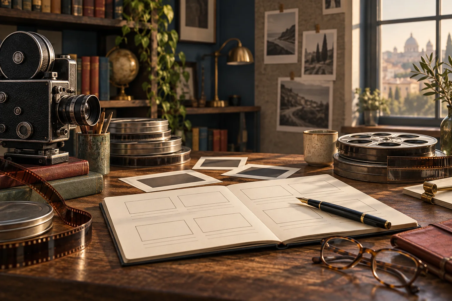 A cinema storyteller desk with vintage film camera, reels, blank storyboards and pen