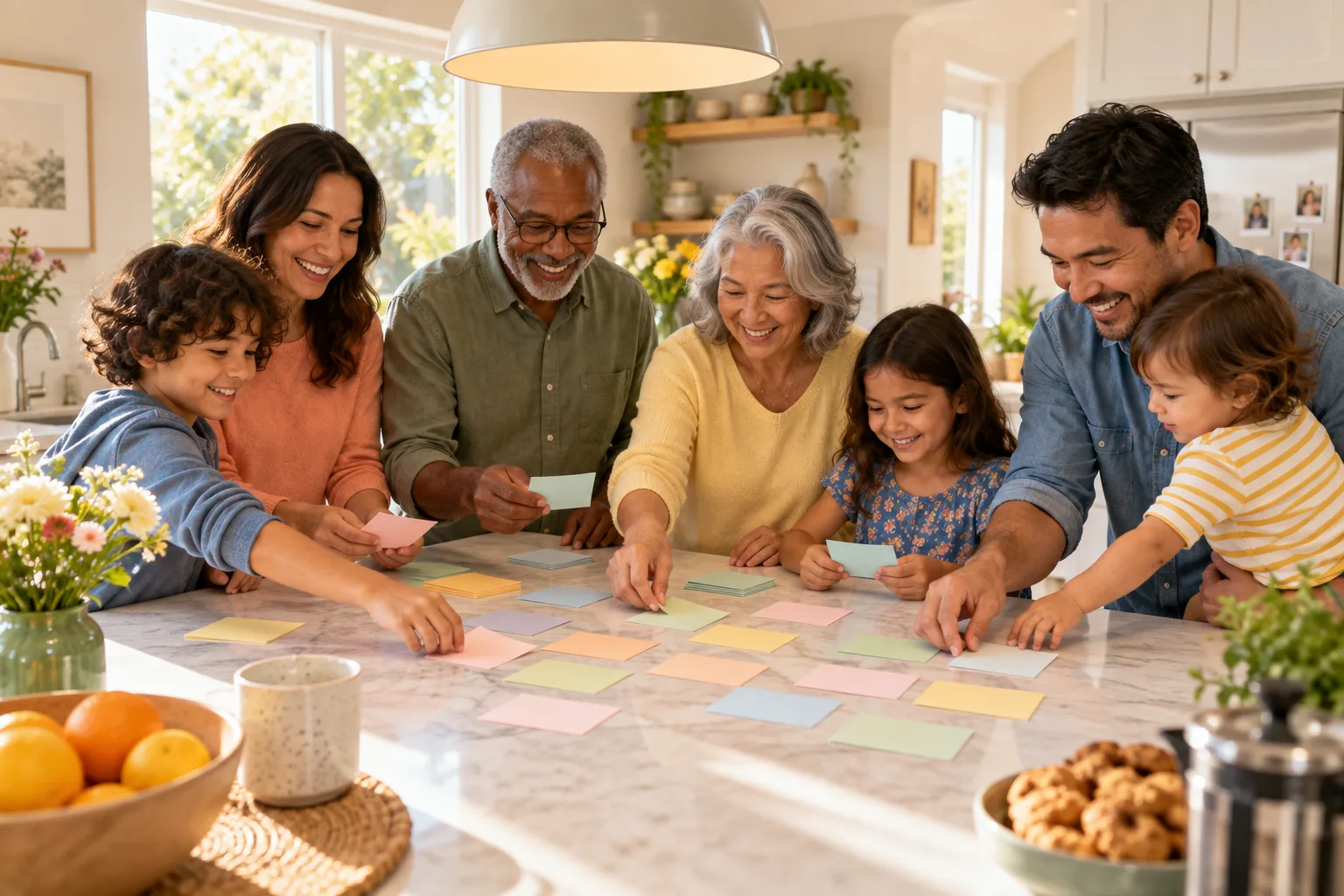 A multigenerational family arranging colorful cards around a kitchen island