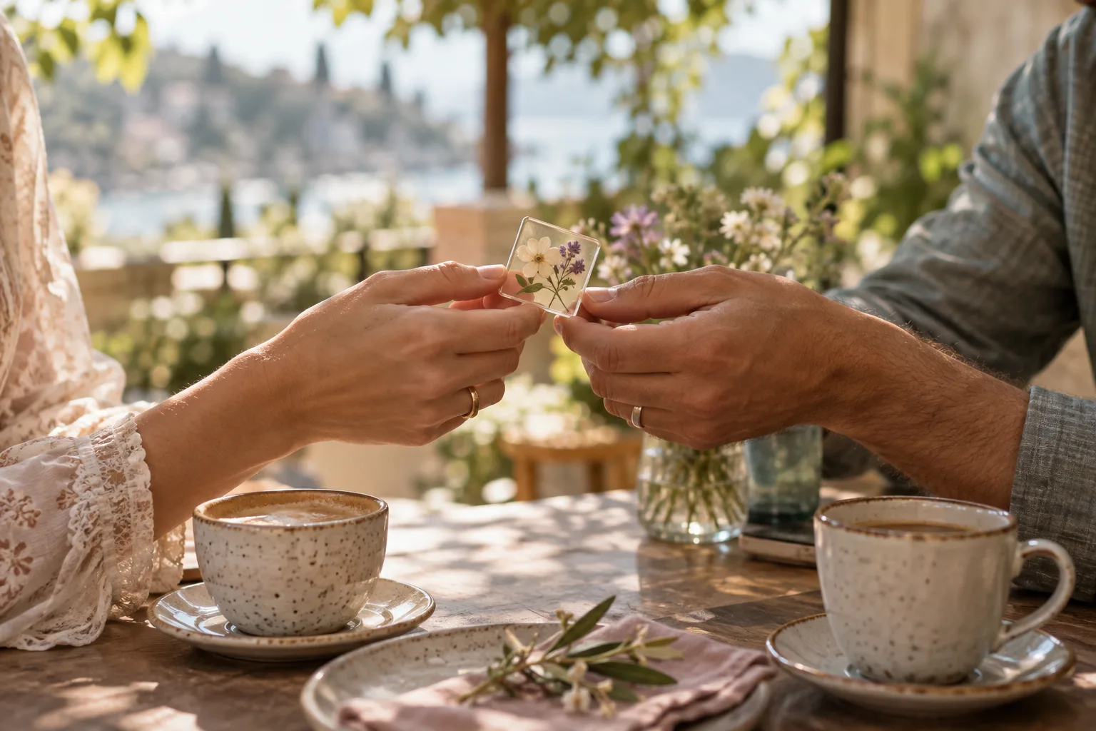 Two people exchanging a small flower keepsake at an outdoor cafe