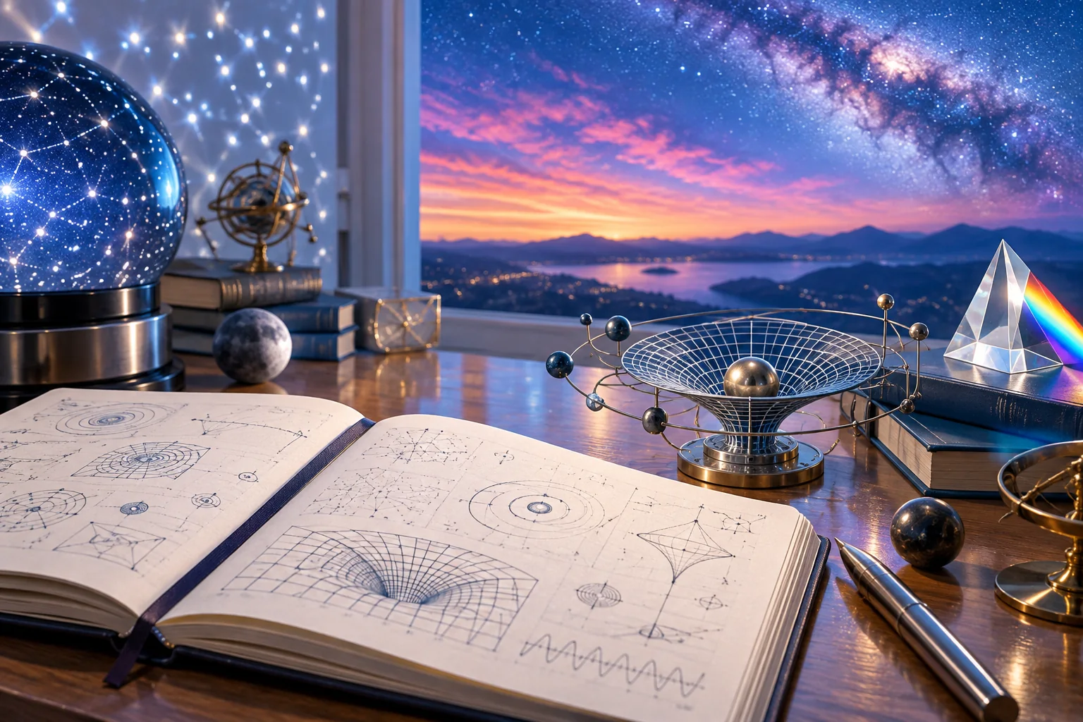 A cosmology study with spacetime model, star projector, prism and open notebook