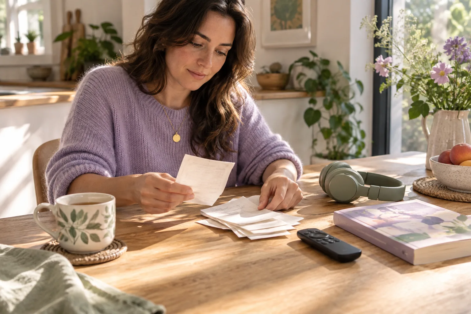 A person reviewing small papers beside headphones and a cup of tea