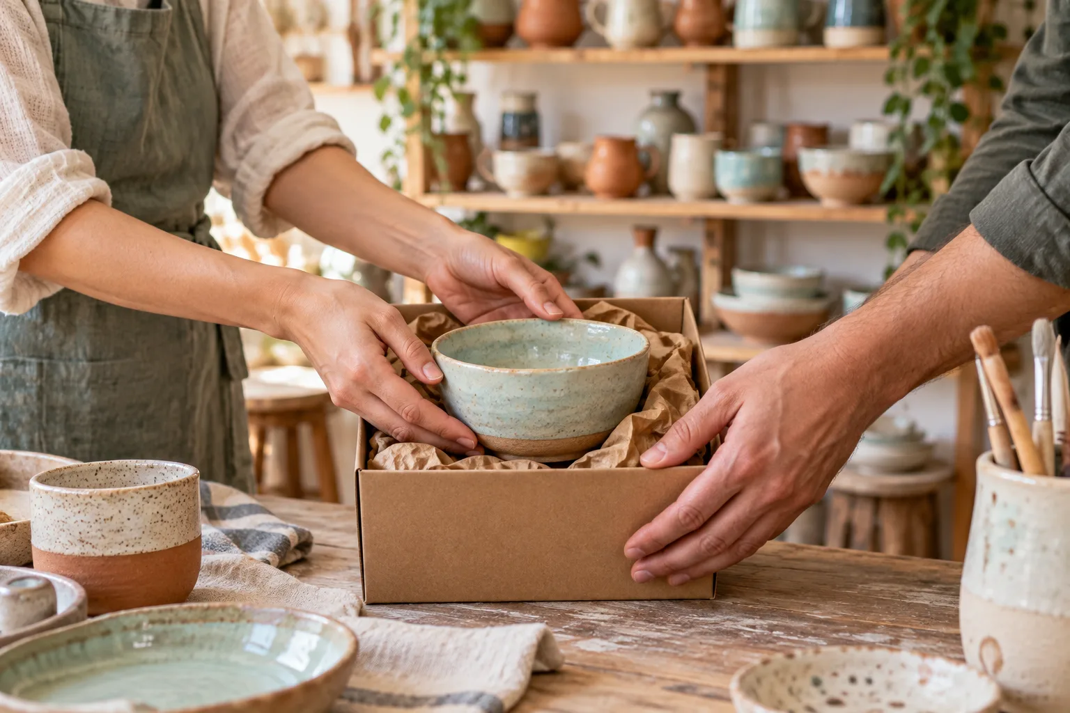Hands placing a handmade ceramic bowl into a gift box