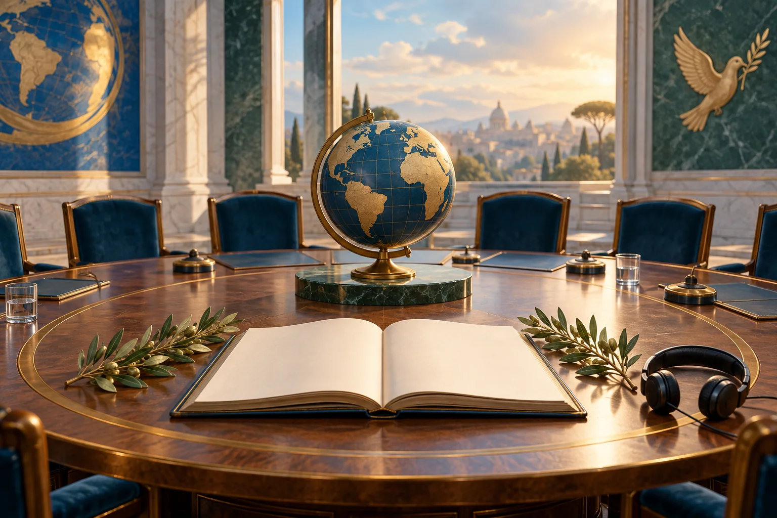 A diplomatic round table with globe, blank charter, olive branches and translation headphones