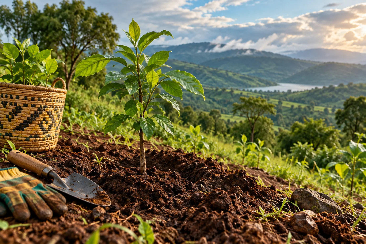 A newly planted tree, woven basket and gardening tools overlooking green Kenyan hills