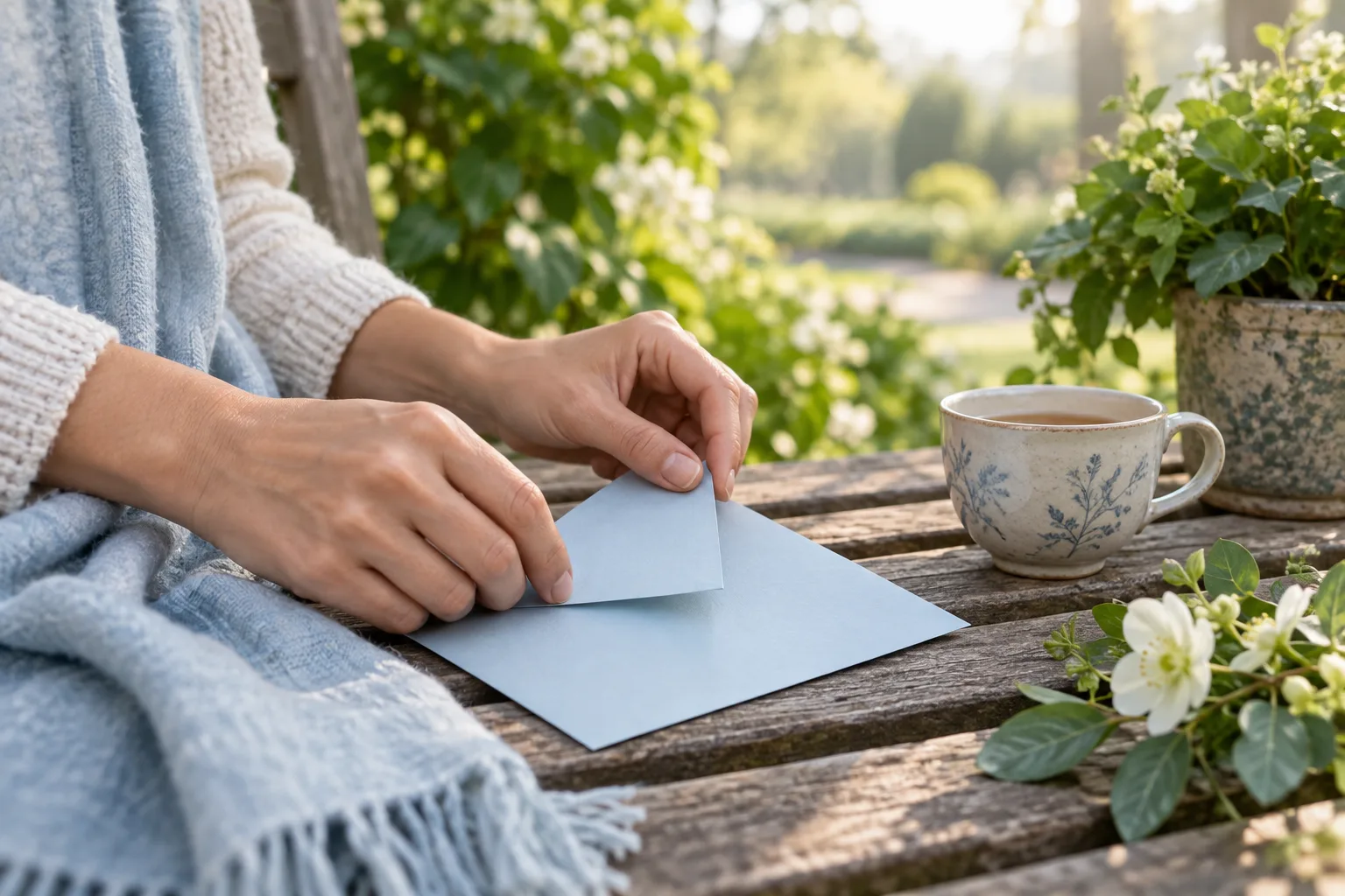 Hands folding a soft blue letter beside tea on a garden bench