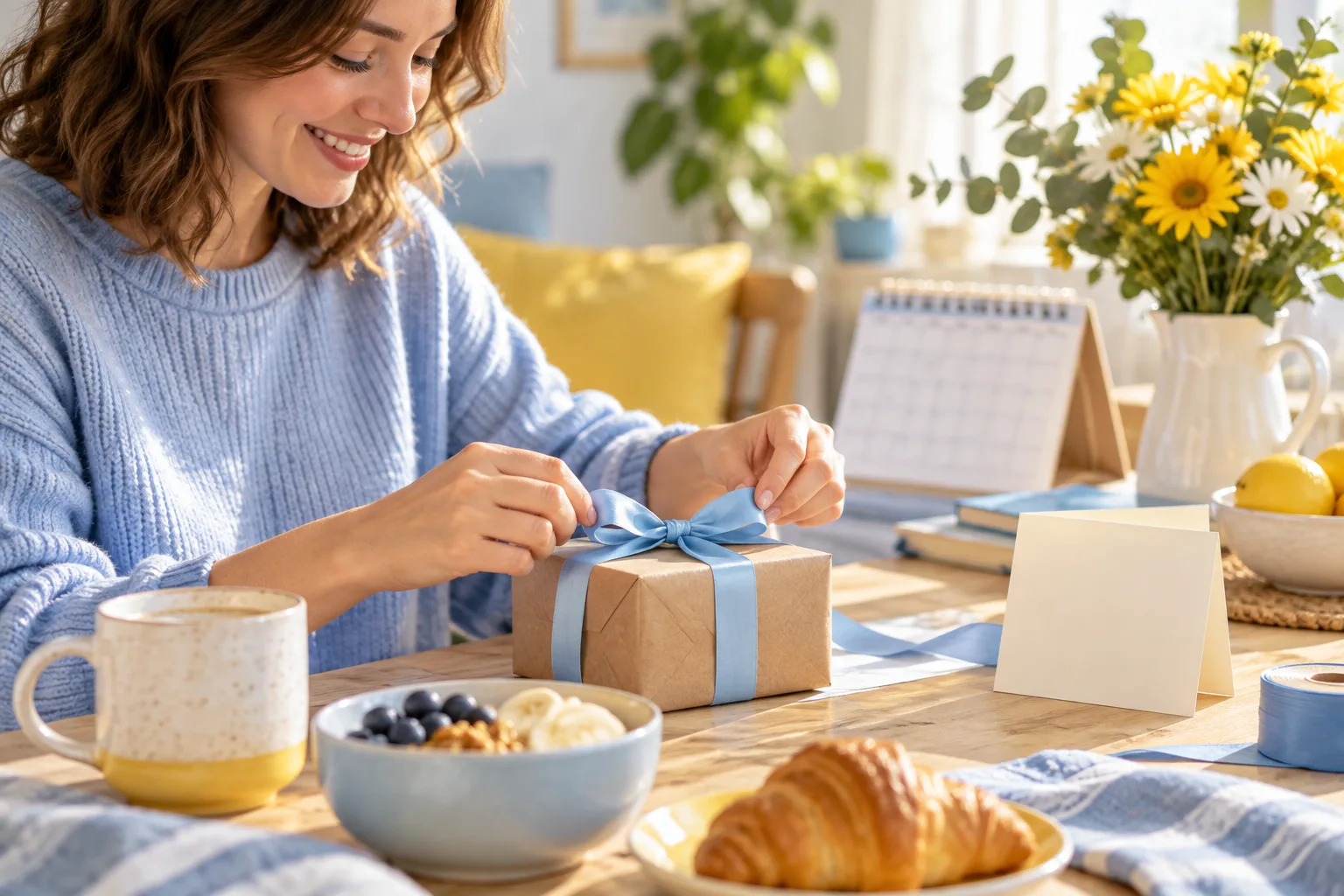 A person tying a blue ribbon around a birthday gift at breakfast