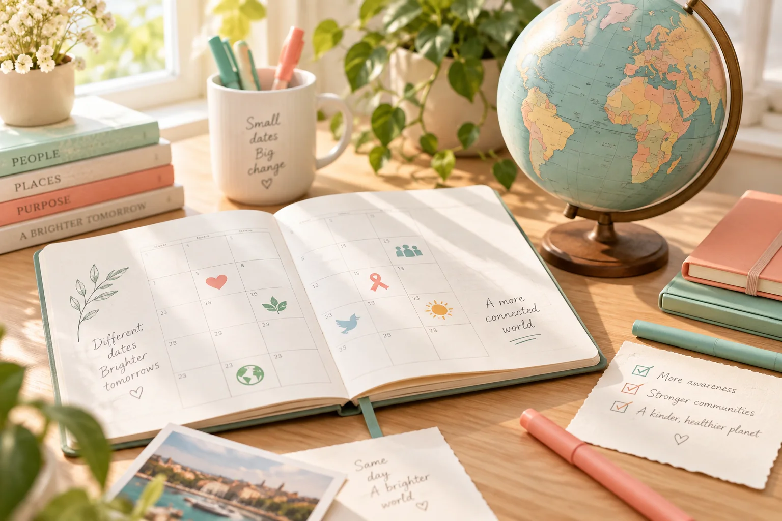 A sunlit desk with a globe, open calendar, pastel markers and plants