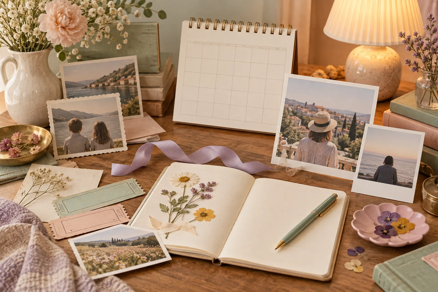 A warm memory table with blank calendar, photographs, pressed flowers, tickets and journal