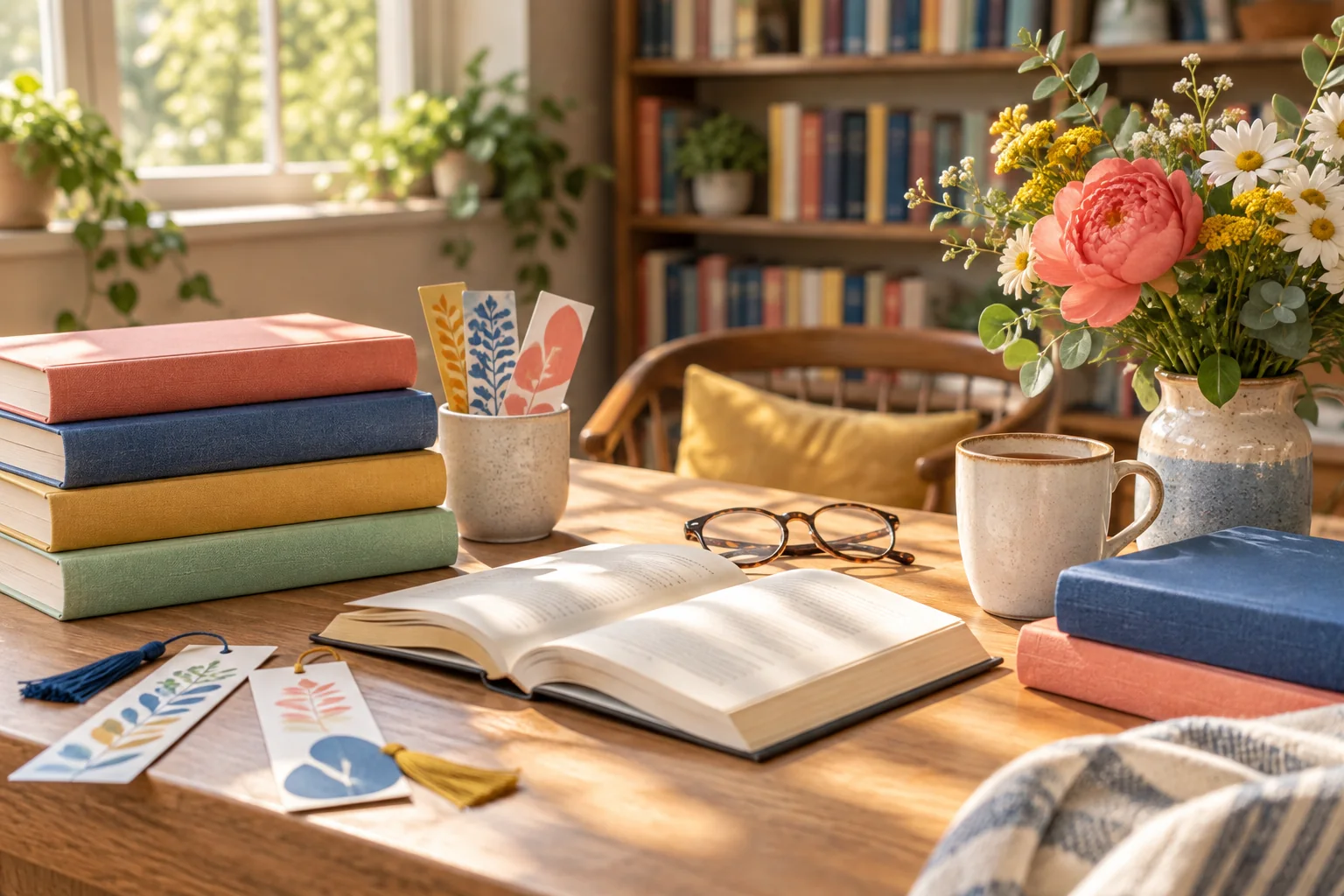 Colorful books, bookmarks, glasses and flowers on a sunlit library table