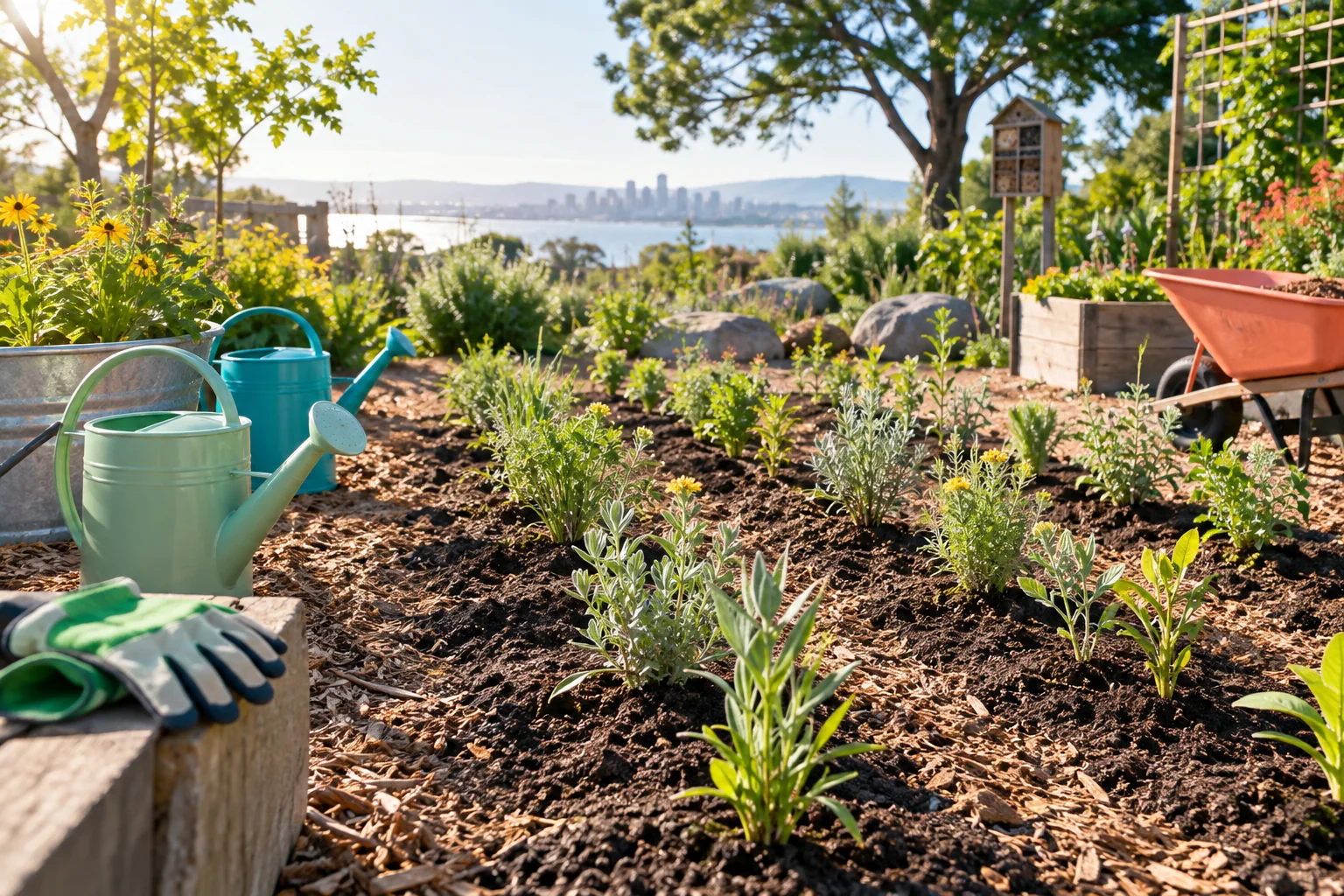 Native seedlings, watering cans and gloves in a bright community garden