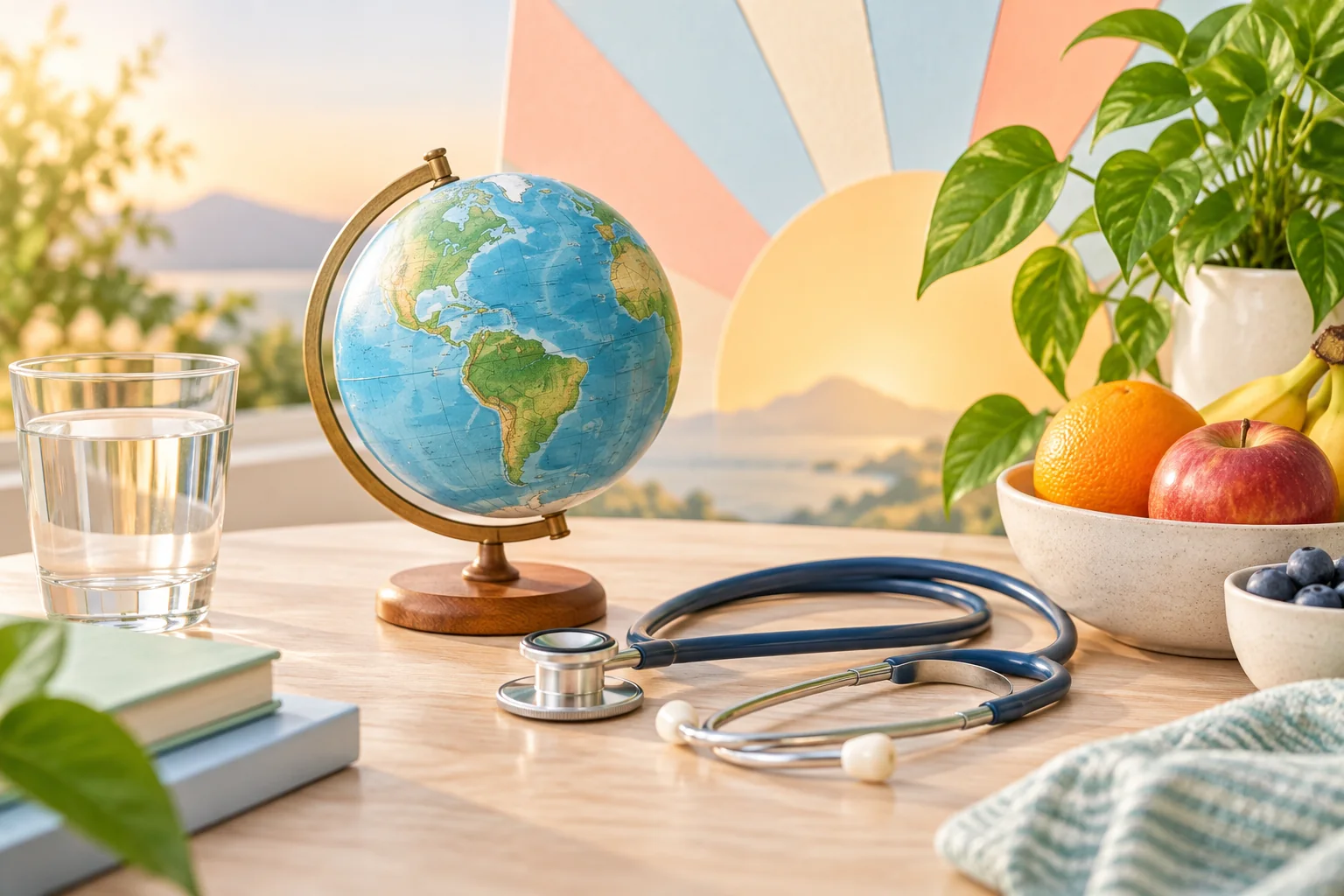A bright tabletop with a globe, stethoscope, water, fruit and green plants