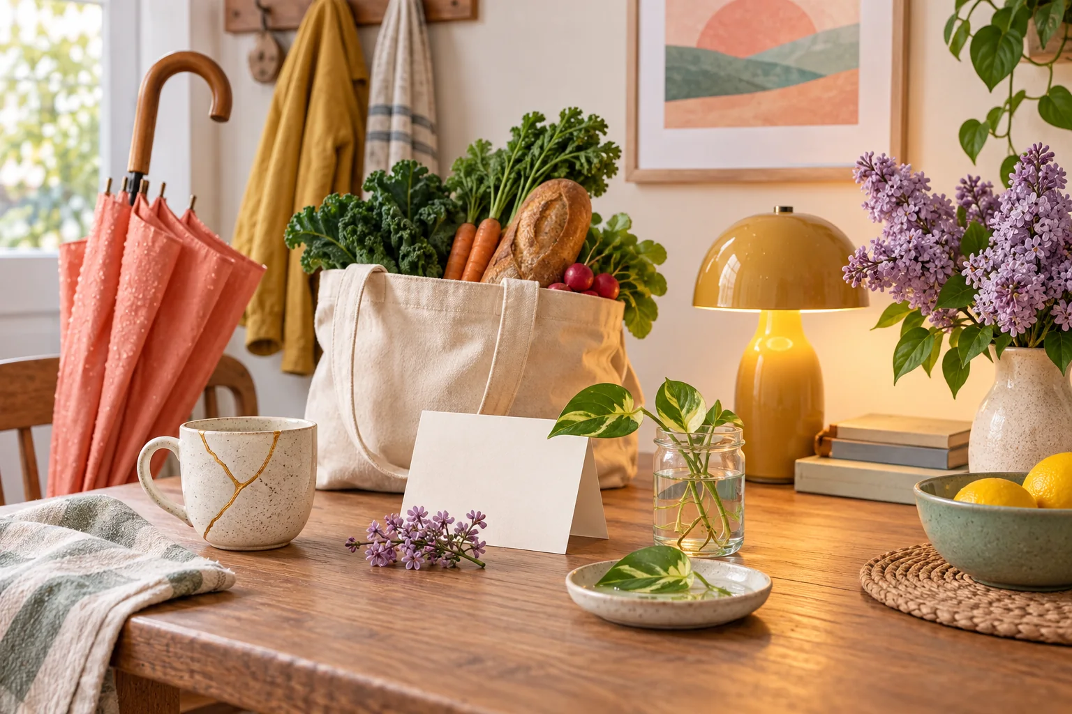 A warm table with shared umbrella, repaired cup, grocery bag, blank card and plant cutting