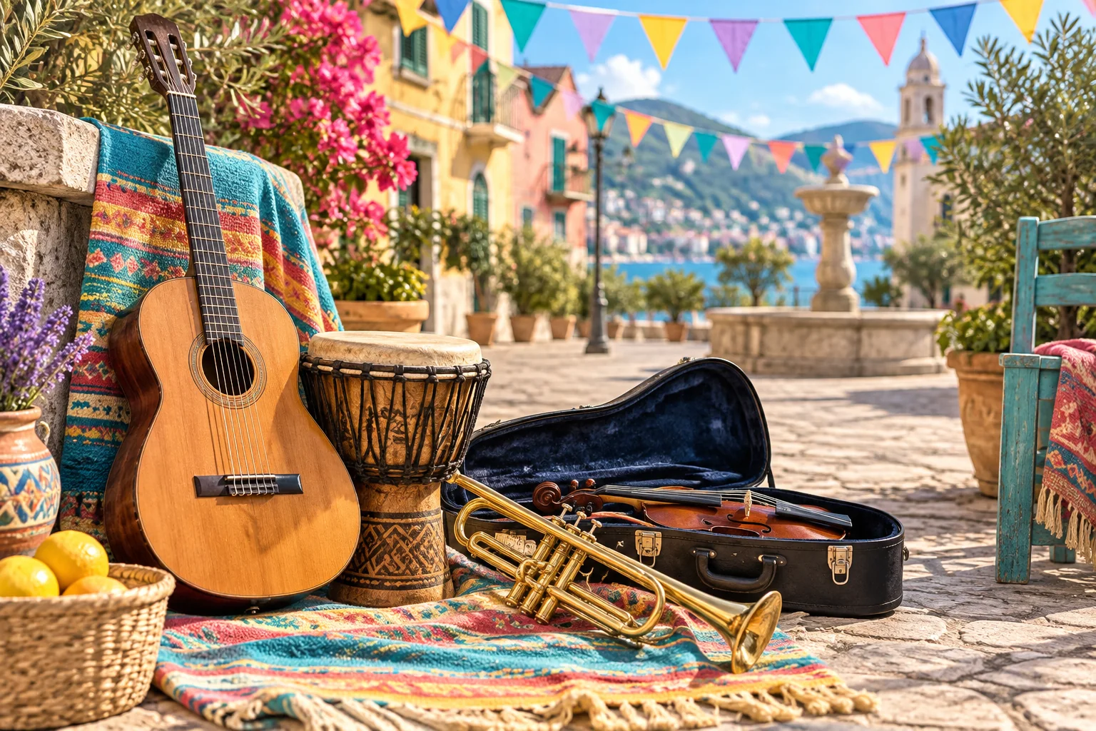 Guitar, hand drum, trumpet and violin waiting in a colorful sunlit town square