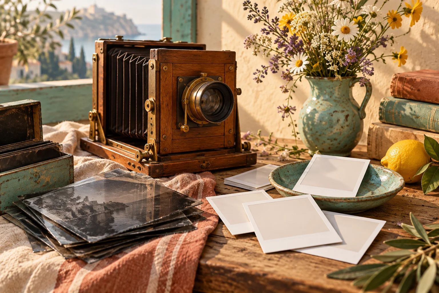 A wooden early camera with glass plates, blank instant photographs and wildflowers