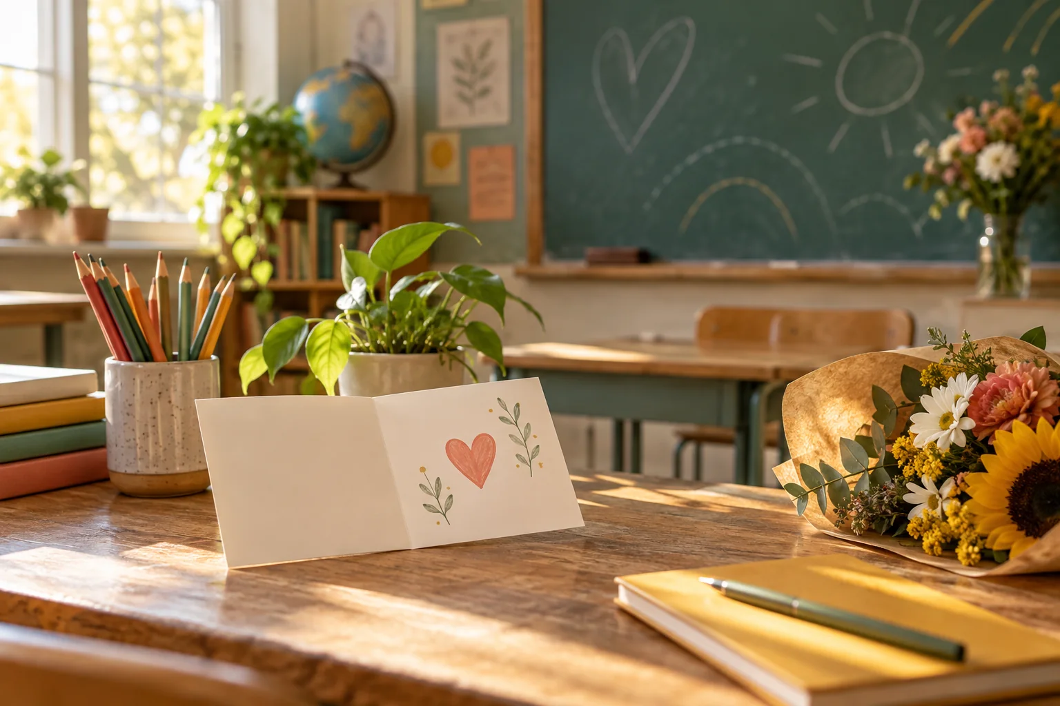 A warm classroom with pencils, plants, flowers and an open thank-you card