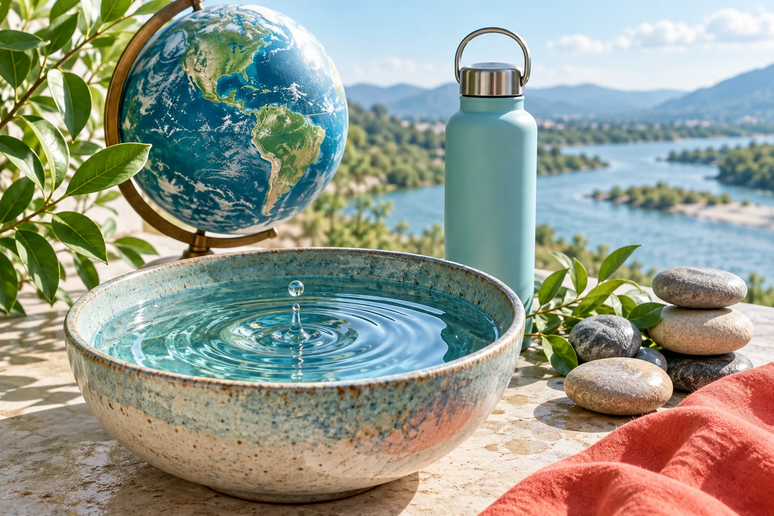 A clear droplet rippling in a ceramic water basin beside a globe and reusable bottle