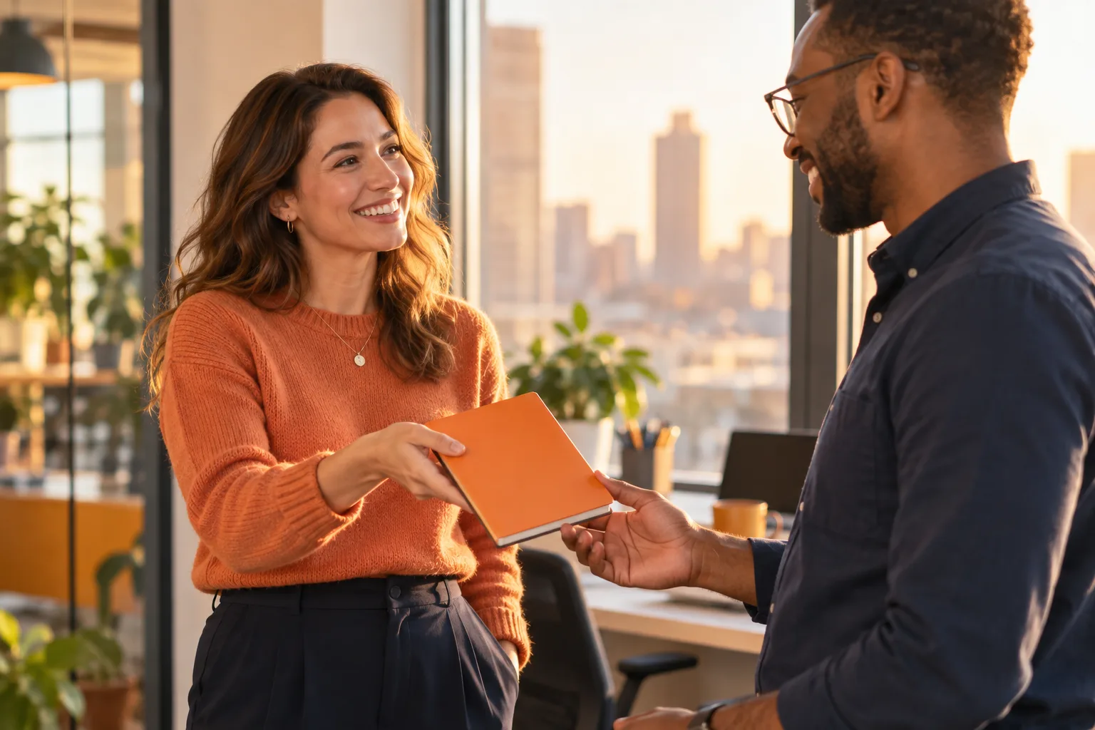 Two coworkers talking beside a bright office window