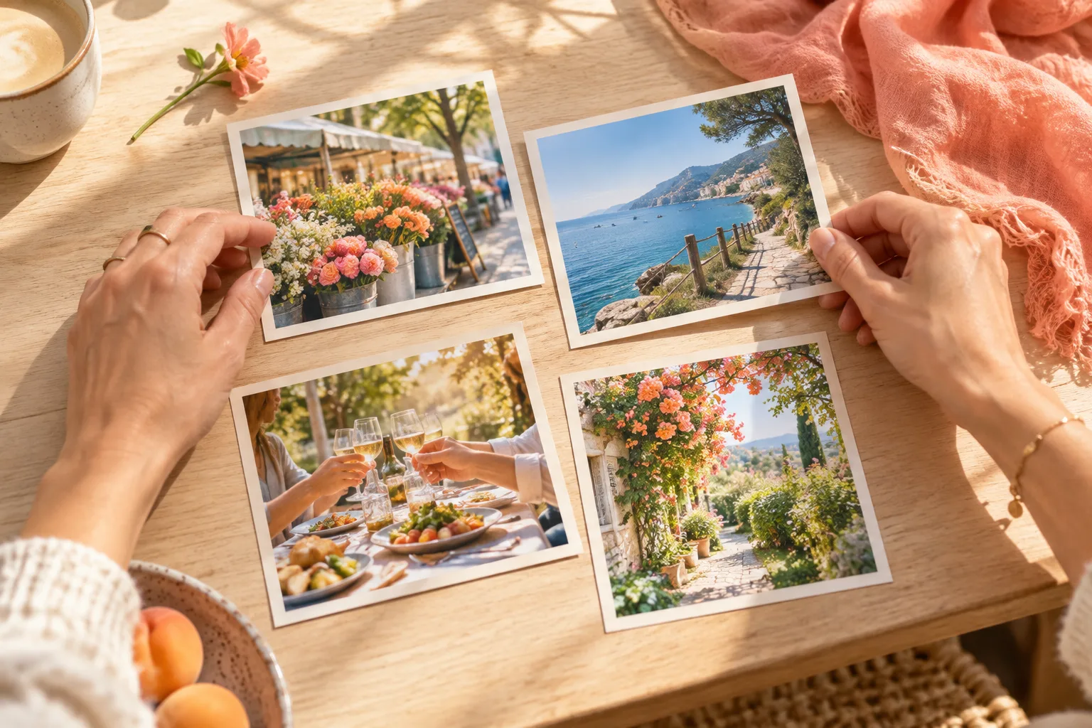Hands arranging bright photos of a flower market, coast, meal and garden